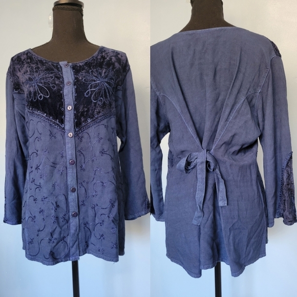 Vntg Just Cruising Embroidered Tunic Blouse in Blue Free Size - Picture 1 of 8